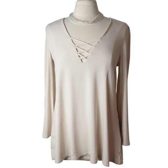 Blooms In The City Boho Tunic M Beige Laceup Lng Slv Flare Hippi V-Neck Chic NEW - Picture 1 of 7